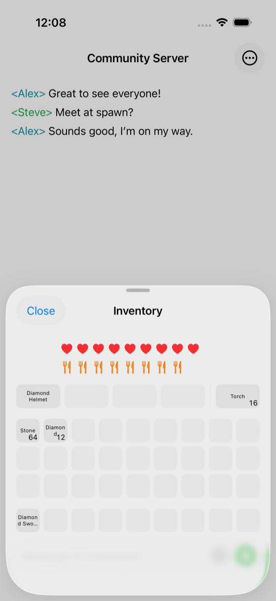The ChatMC inventory view showing items, health and hunger.