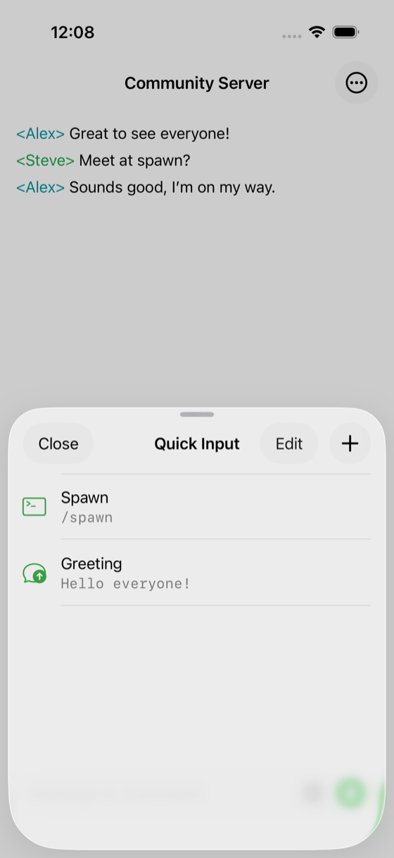Saved quick inputs in ChatMC, including a spawn command and a greeting.
