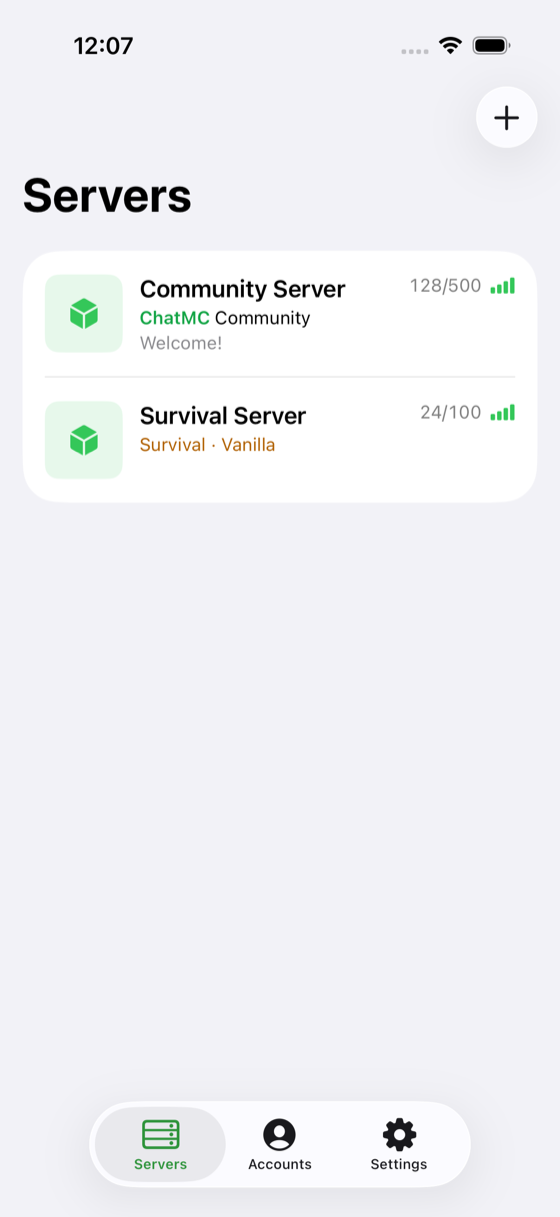 The ChatMC server list showing saved servers with player counts.